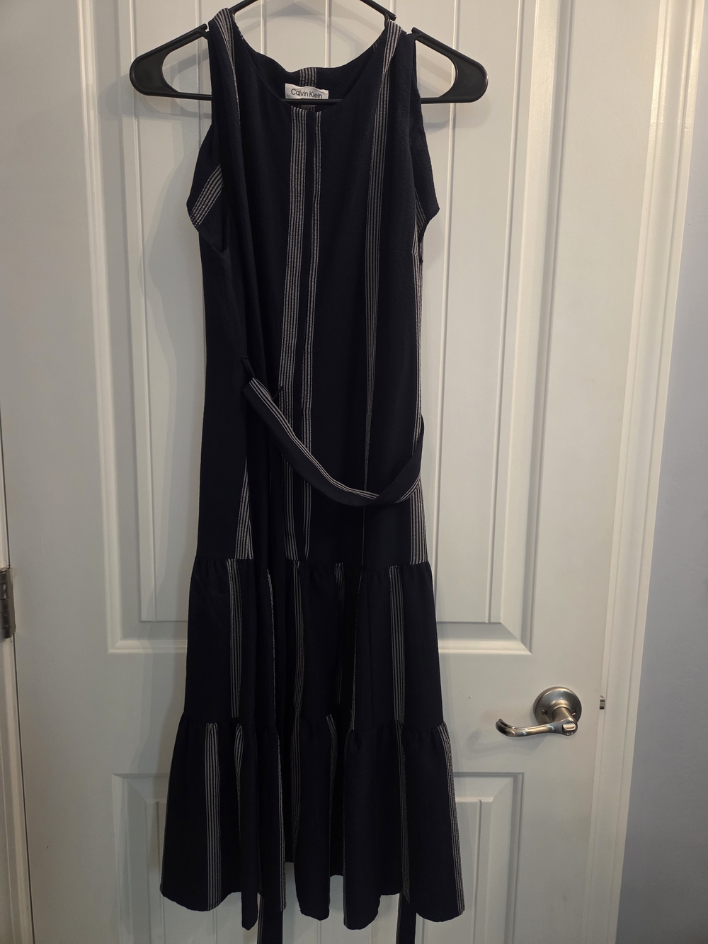 Calvin Klein Navy Dress with White Pinstripes and Tie